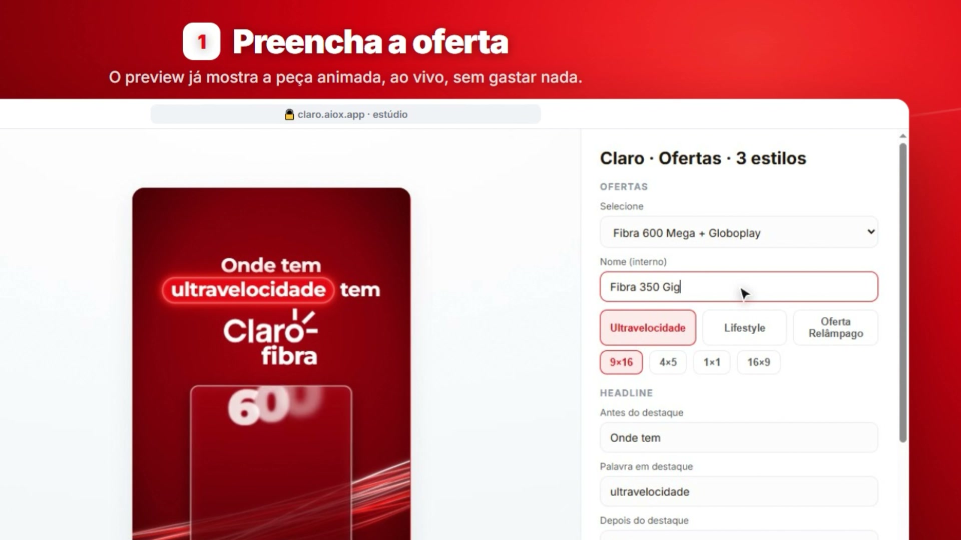 Formulário da oferta com preview ao vivo